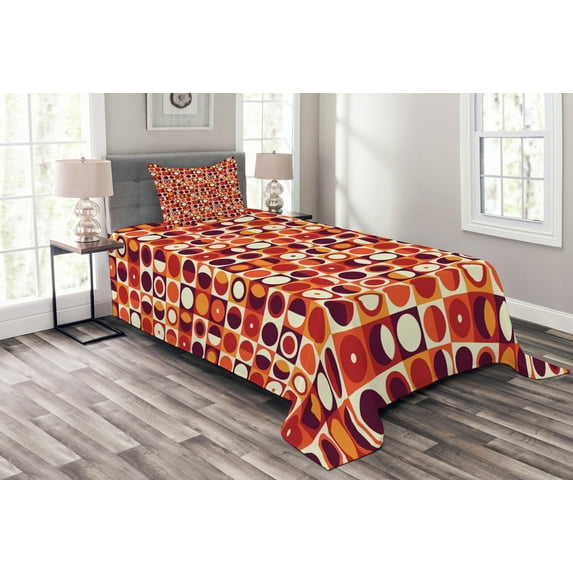 Ambesonne Geometric Quilted Bedspread Set 2 Pcs, Sixties Style Ovals, Twin Size, Marigold Maroon