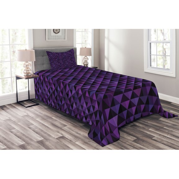 Ambesonne Geometric Quilted Bedspread Set 2 Pcs, Squares and Triangles, Twin Size, Purple Black