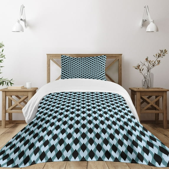 Ambesonne Geometric Quilted Bedspread Set 2 Pcs, Surreal Leaf Pattern, Twin Size, Slate Blue Black