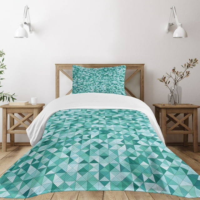 Ambesonne Geometric Quilted Bedspread Set 2 Pcs, Triangle Mosaic Shape, Twin Size, Teal Green