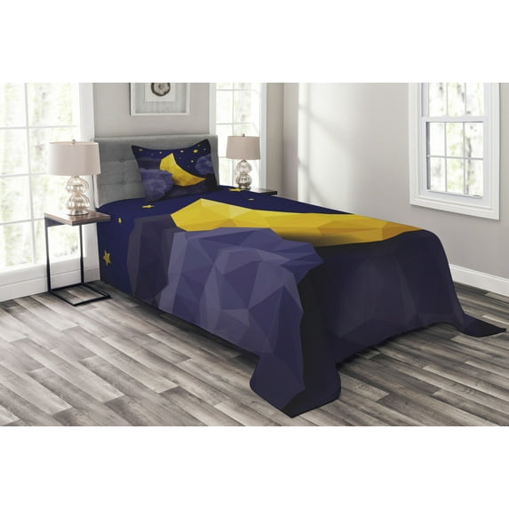 Ambesonne Geometric Quilted Bedspread Set 2 Pcs, Triangle Night Sky, Twin Size, Navy Blue Yellow