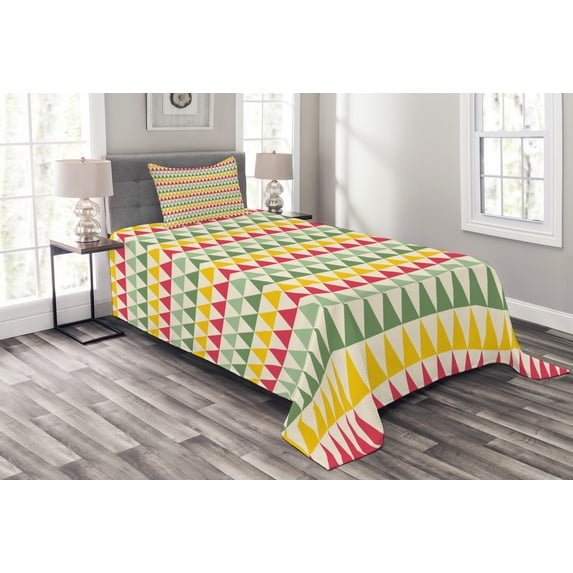 Ambesonne Geometric Quilted Bedspread Set 2 Pcs, Triangles Colorful, Twin Size, Dark Coral Pale Green