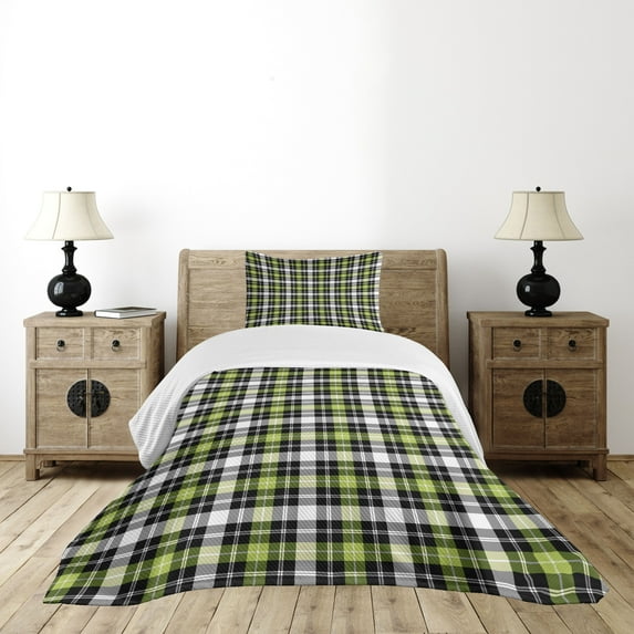 Ambesonne Geometric Quilted Bedspread Set 2 Pcs, Vertical Square Lines, Twin Size, Black Grey Lime Green