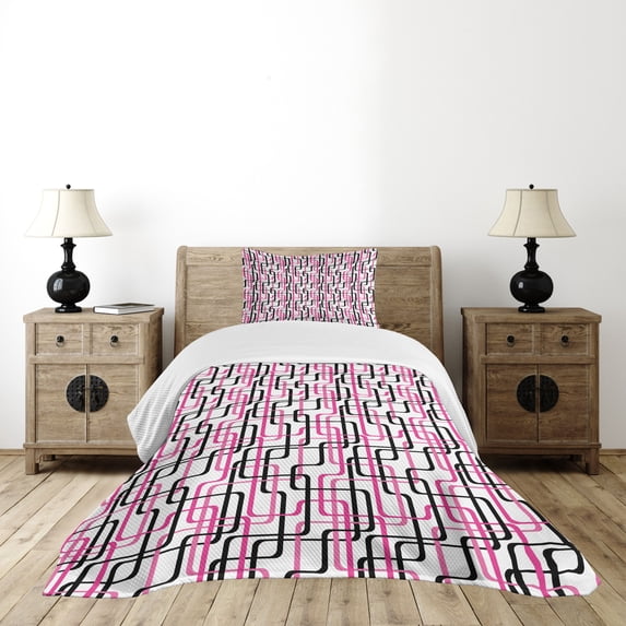 Ambesonne Geometric Quilted Bedspread Set 2 Pcs, Wavy Lines Funky, Twin Size, Hot Pink White Black