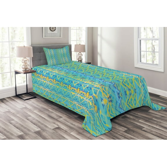 Ambesonne Geometric Quilted Bedspread Set 2 Pcs, Zigzag Aztec Design, Twin Size, Earth Yellow Turquoise