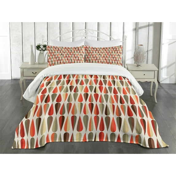 Ambesonne Geometric Quilted Bedspread Set 3 Pcs, 70s Retro Style, Queen Size, Multicolor