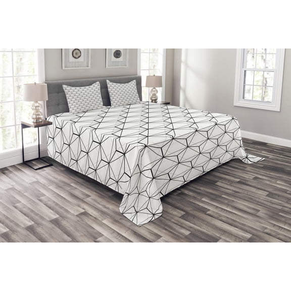 Ambesonne Geometric Quilted Bedspread Set 3 Pcs, Abstract Lines Strip, Queen Size, Black and White