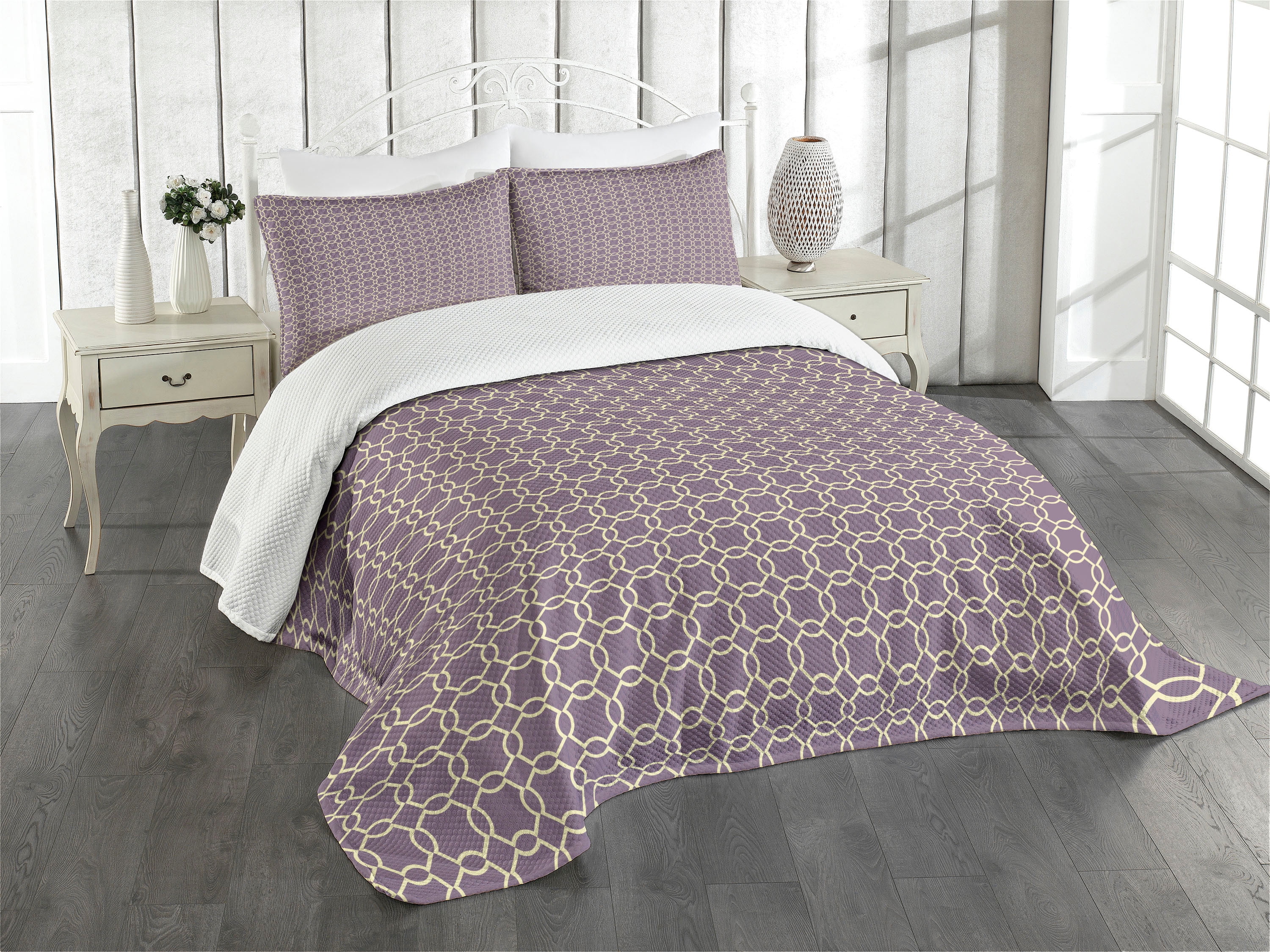 King Size Purple Geometric Polyester Bedspread Set
