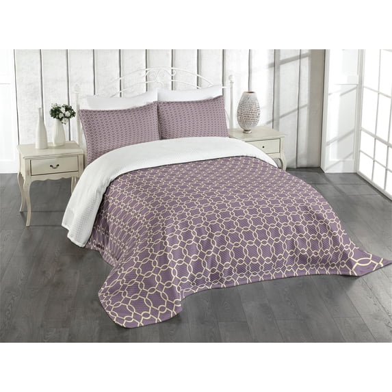 Ambesonne Geometric Quilted Bedspread Set 3 Pcs, Abstract Lines Vivid, King Size, Pale Yellow Mauve