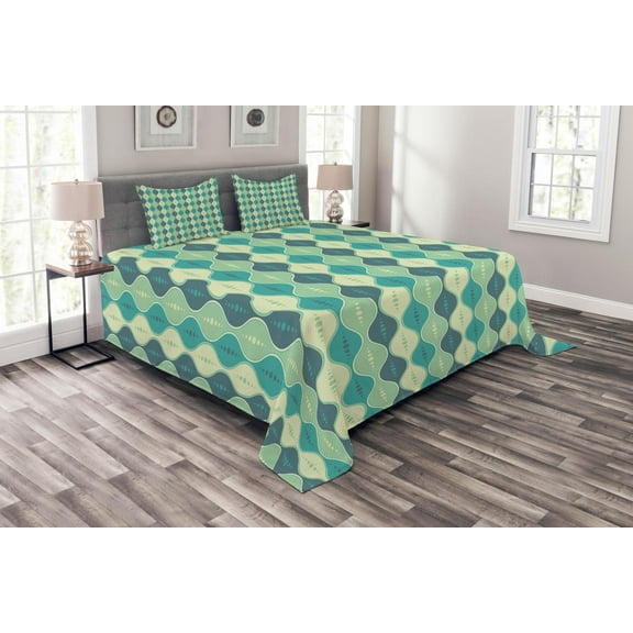 Ambesonne Geometric Quilted Bedspread Set 3 Pcs, Abstract Oval Shape, Queen Size, Cadet Blue Pale Green