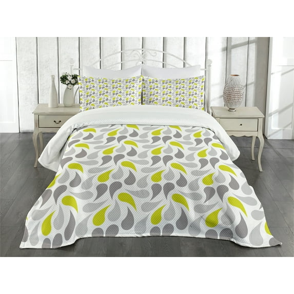 Ambesonne Geometric Quilted Bedspread Set 3 Pcs, Abstract Paisley, Queen Size, Yellow Green Grey White