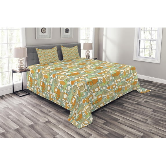 Ambesonne Geometric Quilted Bedspread Set 3 Pcs, Abstract Shapes Mix, King Size, Orange Green Pale Blue