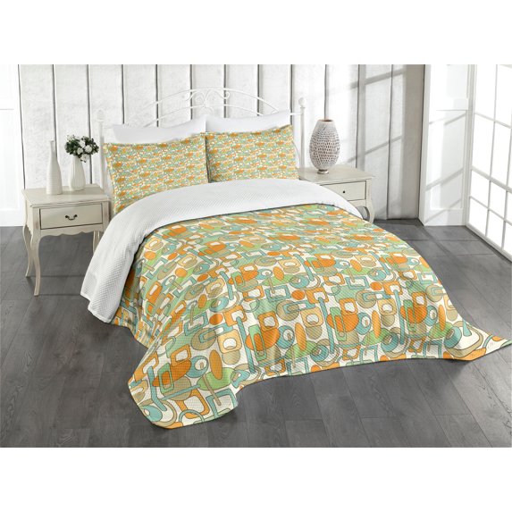 Ambesonne Geometric Quilted Bedspread Set 3 Pcs, Abstract Shapes Mix, Queen Size, Orange Green Pale Blue