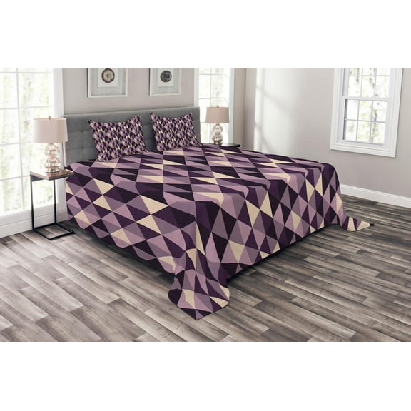 Ambesonne Geometric Quilted Bedspread Set 3 Pcs, Abstract Style Triangles, King Size, Dark Purple Lilac