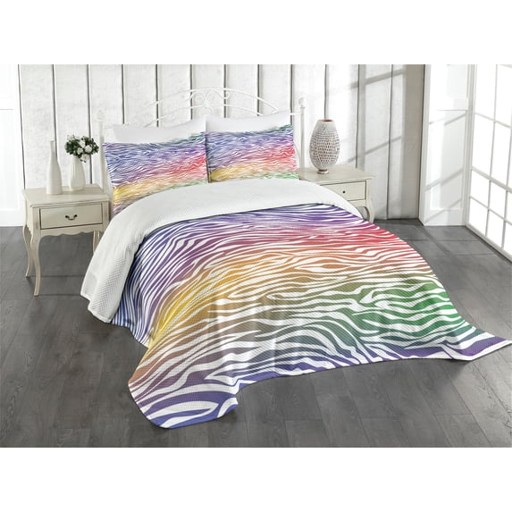 Ambesonne Geometric Quilted Bedspread Set 3 Pcs, Abstract Zebra Skin, Queen Size, Purple Red Yellow