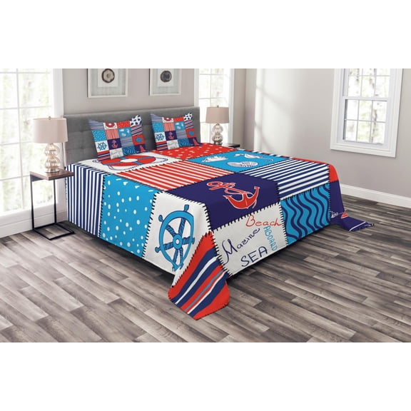 Ambesonne Geometric Quilted Bedspread Set 3 Pcs, Anchor Helm and Fish, Queen Size, Multicolor