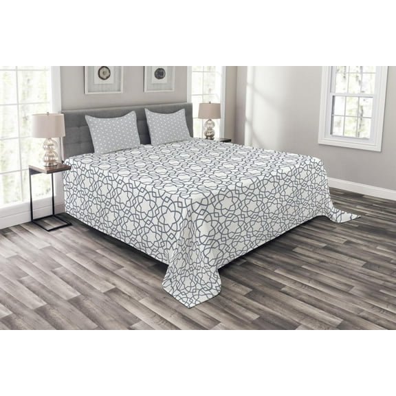 Ambesonne Geometric Quilted Bedspread Set 3 Pcs, Asanoha Star Pattern, King Size, Grey White