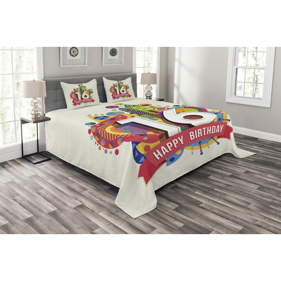 Ambesonne Geometric Quilted Bedspread Set 3 Pcs, Celebration Funky, Queen Size, Multicolor