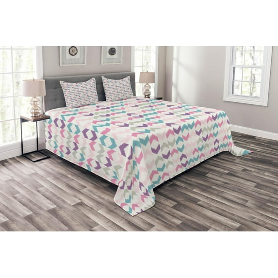 Ambesonne Geometric Quilted Bedspread Set 3 Pcs, Chevron Zigzag, Queen Size, Multicolor