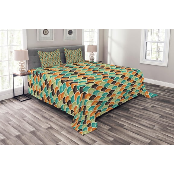 Ambesonne Geometric Quilted Bedspread Set 3 Pcs, Colorful Half Circles, King Size, Multicolor