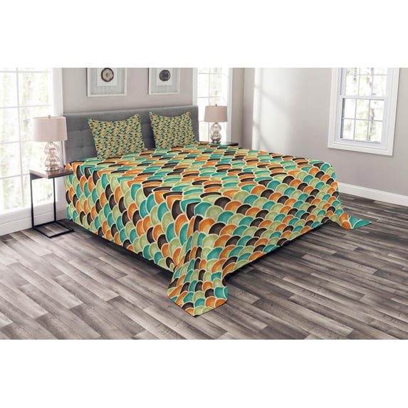 Ambesonne Geometric Quilted Bedspread Set 3 Pcs, Colorful Half Circles, Queen Size, Multicolor