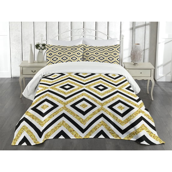 Ambesonne Geometric Quilted Bedspread Set 3 Pcs, Contemporary Design, King Size, White Black and Yellow