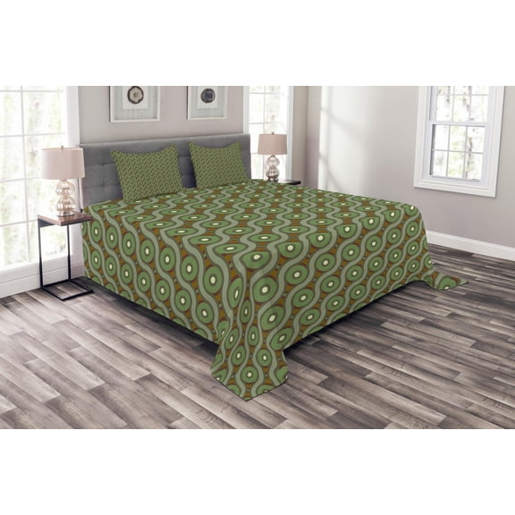 Ambesonne Geometric Quilted Bedspread Set 3 Pcs, Crisscrossing Waves, Queen Size, Fern Green Reseda
