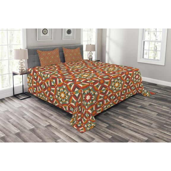 Ambesonne Geometric Quilted Bedspread Set 3 Pcs, Damask Floral, King Size, Multicolor