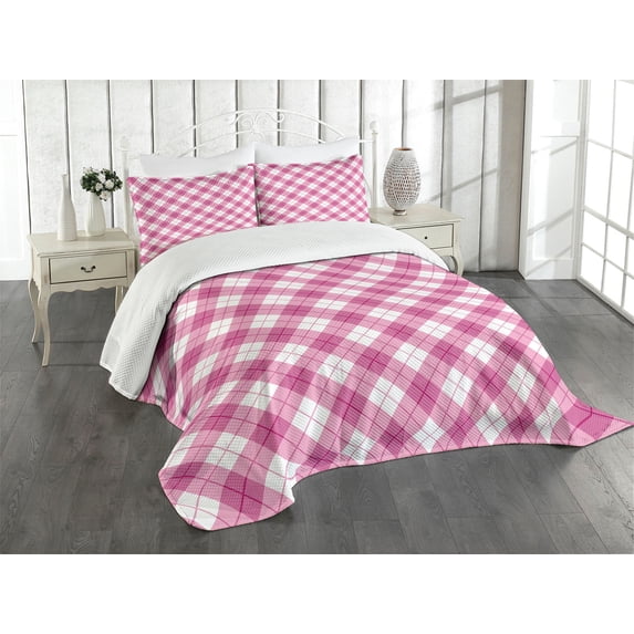 Ambesonne Geometric Quilted Bedspread Set 3 Pcs, Diagonal Pastel Color, King Size, Fuchsia Pale Pink White