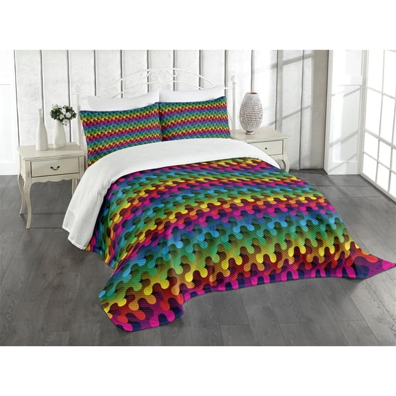 Ambesonne Geometric Quilted Bedspread Set 3 Pcs, Digital Game Style, King Size, Multicolor