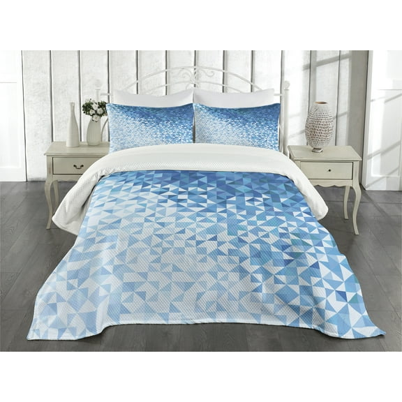 Ambesonne Geometric Quilted Bedspread Set 3 Pcs, Digital Ombre Mosaic, Queen Size, Dark Blue and White