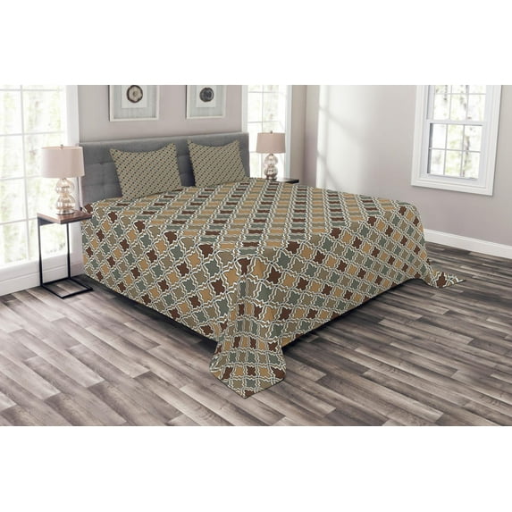 Ambesonne Geometric Quilted Bedspread Set 3 Pcs, Eastern Look Mosaic Tile, King Size, Tan Brown Sage Green