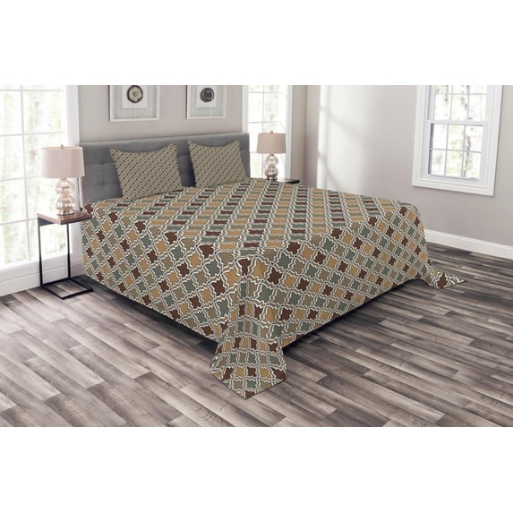 Ambesonne Geometric Quilted Bedspread Set 3 Pcs, Eastern Look Mosaic Tile, Queen Size, Tan Brown Sage Green