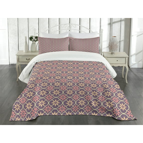 Ambesonne Geometric Quilted Bedspread Set 3 Pcs, Floral Eastern Motifs, King Size, Pale Orange Mauve Coral