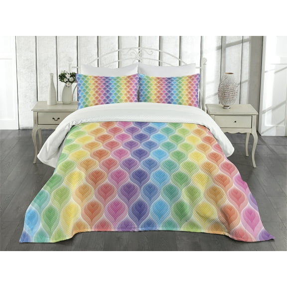 Ambesonne Geometric Quilted Bedspread Set 3 Pcs, Flower Pattern Motif, Queen Size, Multicolor