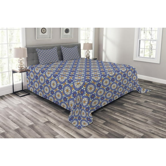Ambesonne Geometric Quilted Bedspread Set 3 Pcs, Flower Pattern Orient, Queen Size, Violet Blue Orange Green