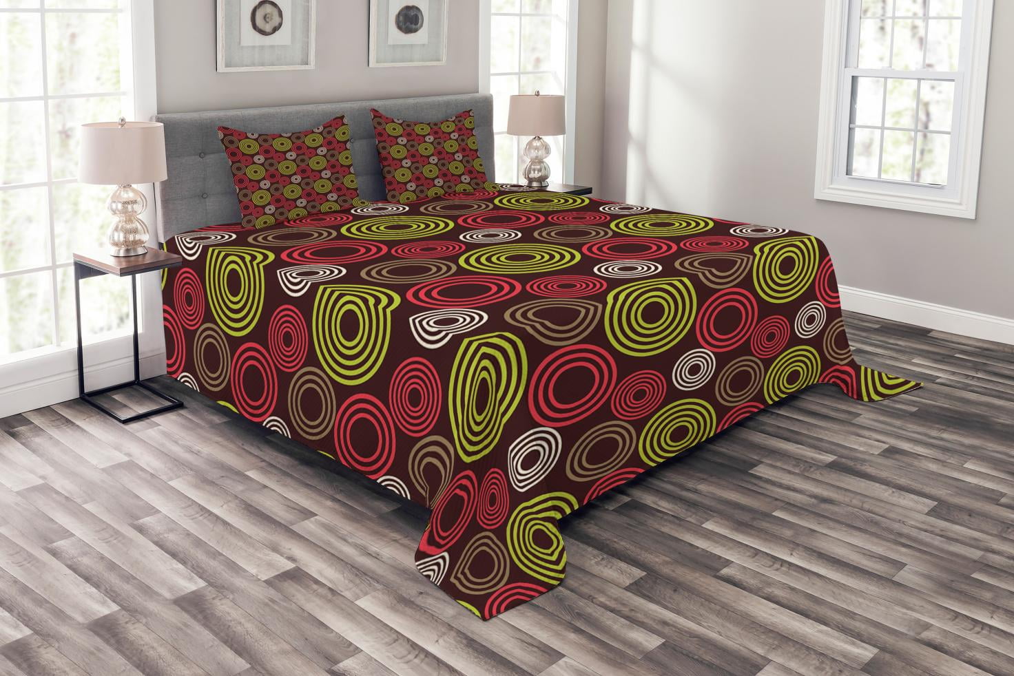 Geometric Lime Green and Dark Brown Quilted Queen Bedspread Set