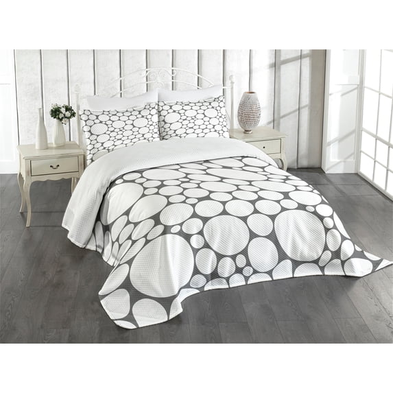 Ambesonne Geometric Quilted Bedspread Set 3 Pcs, Grey White Circle, King Size, Dark Grey White