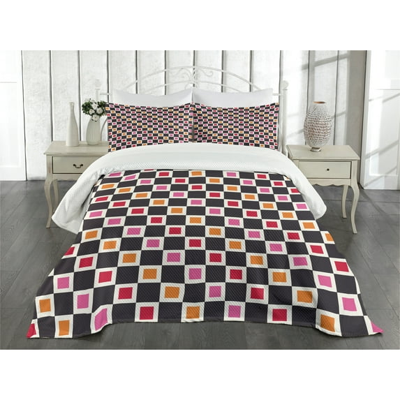 Ambesonne Geometric Quilted Bedspread Set 3 Pcs, Grid Vivid Squares, King Size, Multicolor