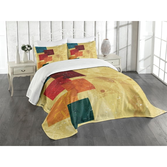 Ambesonne Geometric Quilted Bedspread Set 3 Pcs, Grunge Squares, Queen Size, Multicolor