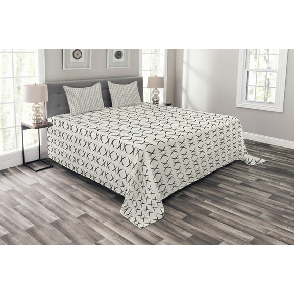 Ambesonne Geometric Quilted Bedspread Set 3 Pcs, Half Circle Geometric, Queen Size, Charcoal Grey Pearl