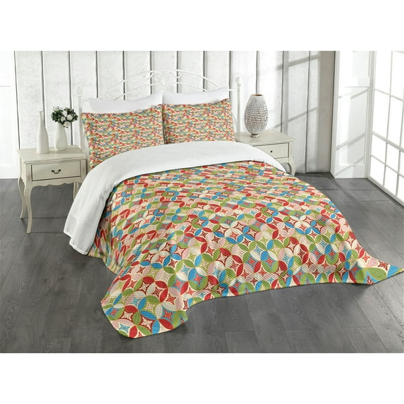 Ambesonne Geometric Quilted Bedspread Set 3 Pcs, Japanese Interlocking, Queen Size, Multicolor