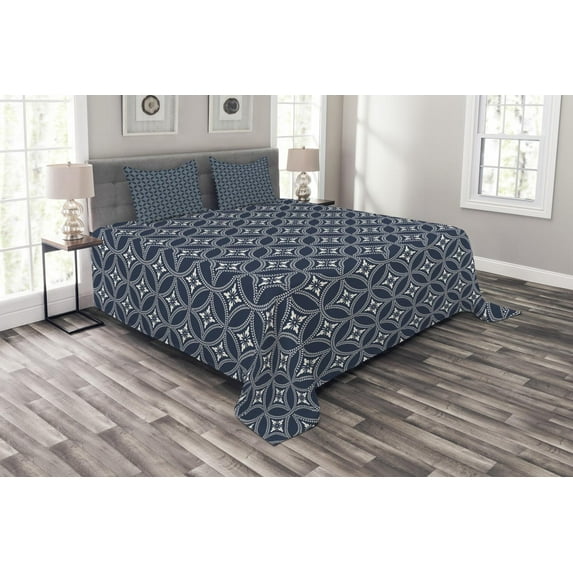 Ambesonne Geometric Quilted Bedspread Set 3 Pcs, Japanese Lotus Circle, King Size, Dark Blue Cream