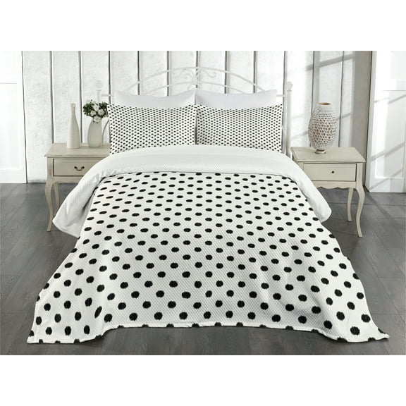 Ambesonne Geometric Quilted Bedspread Set 3 Pcs, Large Polka Dots, King Size, Black White