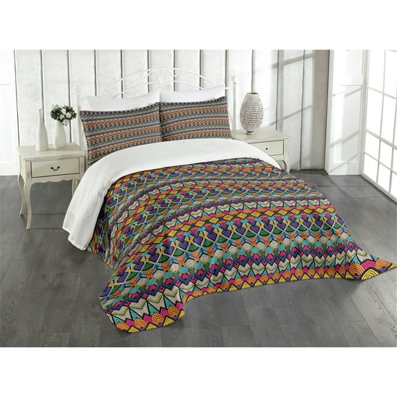 Ambesonne Geometric Quilted Bedspread Set 3 Pcs, Lines Half Circles, King Size, Multicolor