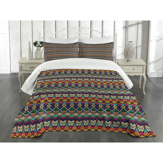Ambesonne Geometric Quilted Bedspread Set 3 Pcs, Lines Half Circles, Queen Size, Multicolor