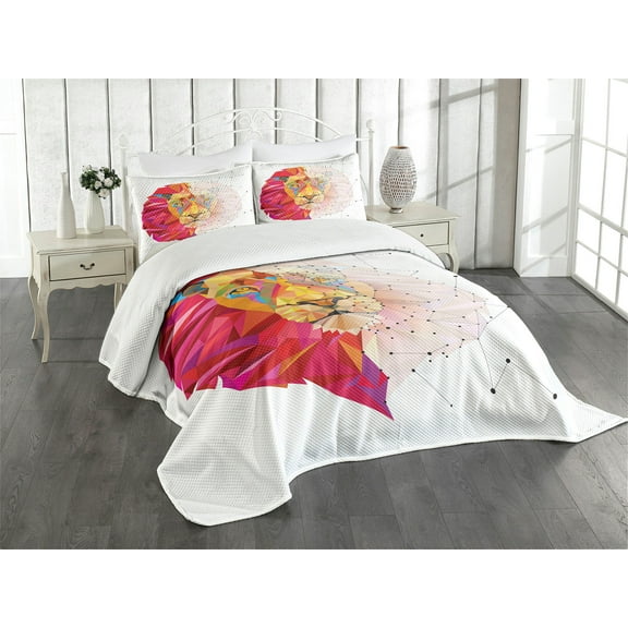 Ambesonne Geometric Quilted Bedspread Set 3 Pcs, Lion Head, King Size, White Pink Orange