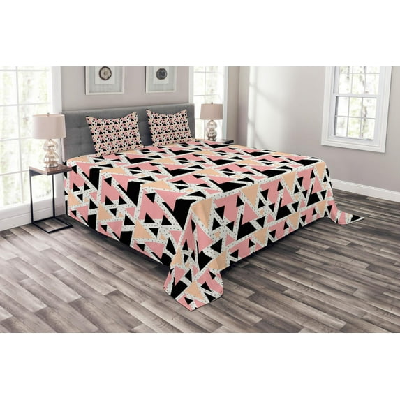 Ambesonne Geometric Quilted Bedspread Set 3 Pcs, Modern Doodle Art, Queen Size, Peach Coral Black