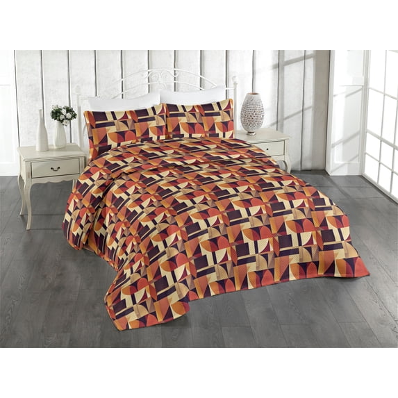 Ambesonne Geometric Quilted Bedspread Set 3 Pcs, Modern Square Triangle, Queen, Eggshell Plum and Marigold