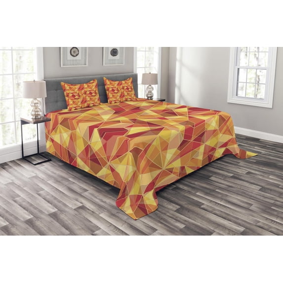 Ambesonne Geometric Quilted Bedspread Set 3 Pcs, Mosaic Digital Style, Queen Size, Orange Marigold Red